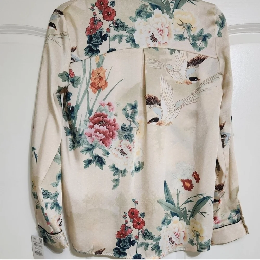 Zara Satin Oriental Japanesse Garden Floral PrintvShirt - Picture 5 of 8